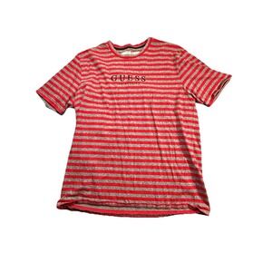 GUESS Originals Striped T-Shirt Mens Large Red Grey‎ Logo Tee Embroidered